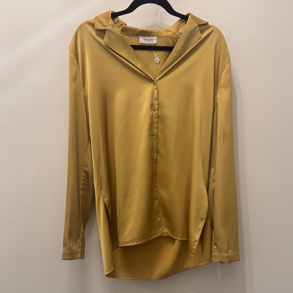 Sage Satin Button-Front Blouse in Dusty Gold